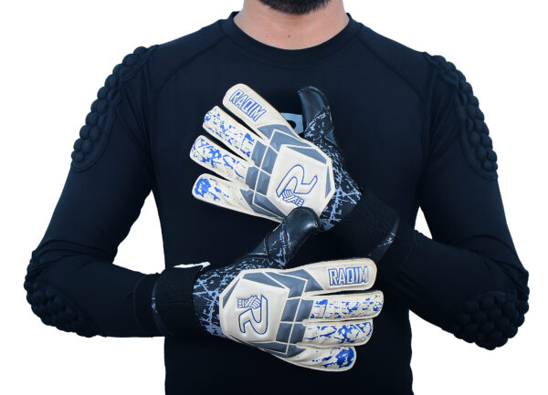 hybrid-cut-german-contact-latex-neoprene-goalkeeper-gloves-prime-stealth-on-person Raqim Prime Stealth goalkeeper gloves with German latex palm